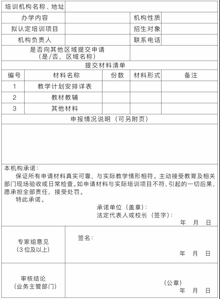 校外培训机构非学科类培训项目审核确认申请表